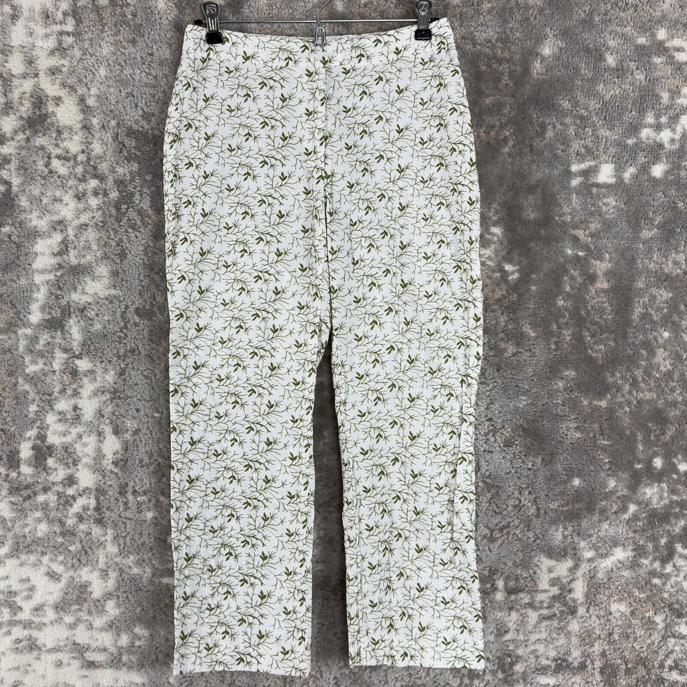 Nicole Miller Size 4 Embroidered Cropped Flat Front Pants White Green Button Zip